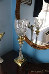 Mid Century Brass Cut Crystal Torchiere Accent Table Lamp