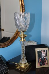 Hollywood Regency Style Brass Cut Crystal Torchiere Accent Table Lamp