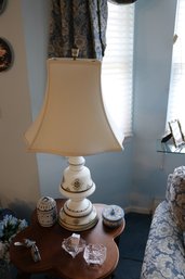 White Ceramic Brass Table Lamp With Floral Accents