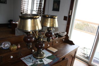 Vintage Brass And Wood Double-Arm Bouillotte Style Table Lamp