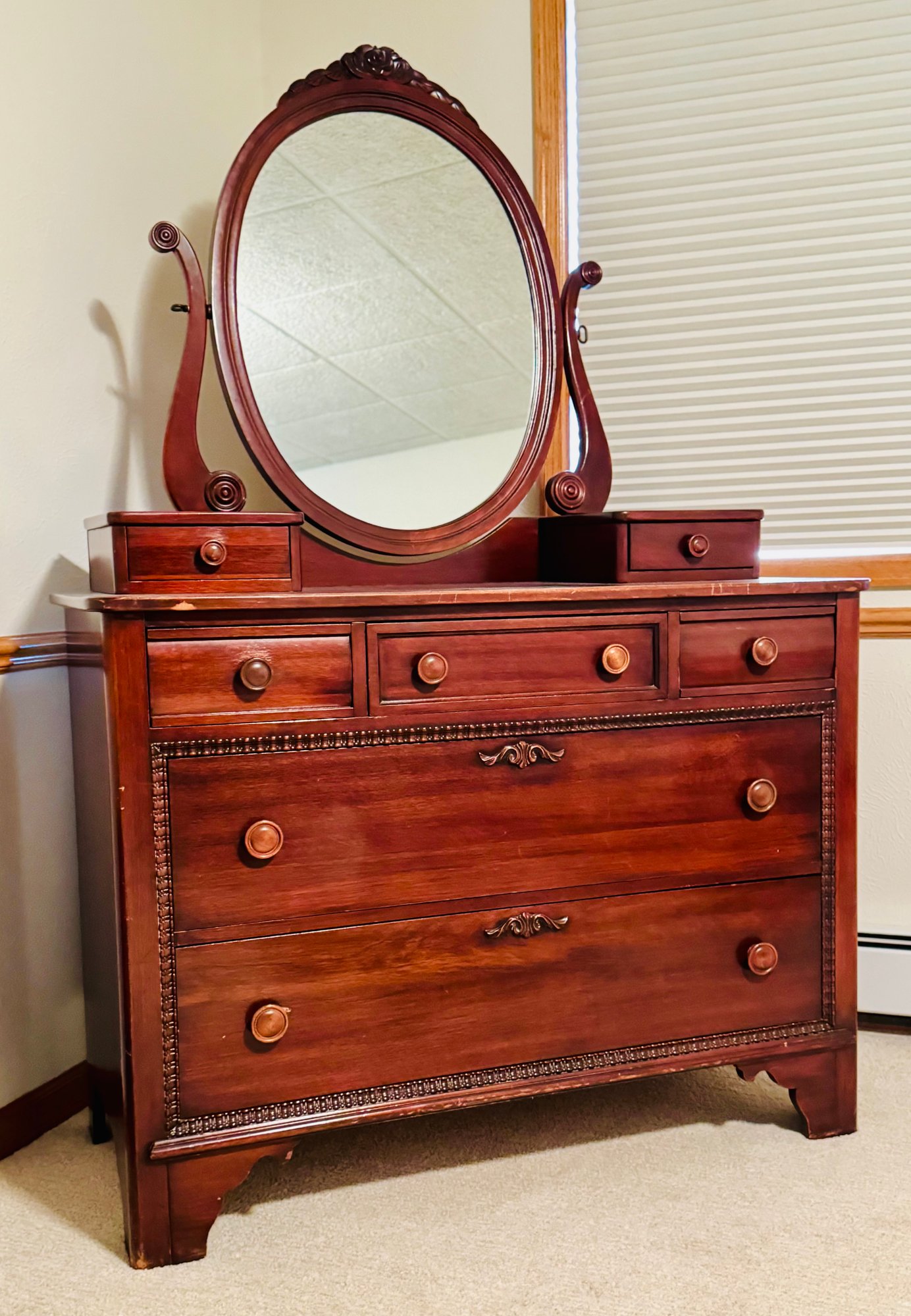 Cherry Empire Dresser With Dovetail Drawers And Round Tilting Mirror ...