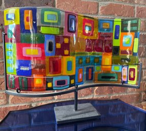 Colorful Carnival Wave Fused Glass Art Panel By Helen Rudy