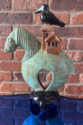 Handcrafted Ceramic Horse And Village Sculpture By Artist Mary Lynn Schumacher From The 03 Era