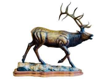Large Bronze Sculpture Of A Bull Elk Mounted On Wooden Base