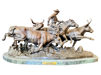 Stampede By Frederic Remington Bronze Sculpture Mounted On Marble Base