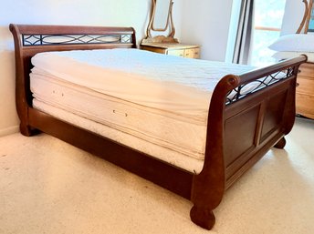 Dark Wood Sleigh Bed Frame With Curved Headboard And Footboard *No Mattress
