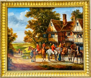 'Departing Of The Coach' Signed By J. Sinclair-Black- Framed Oil On Canvas