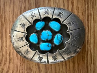 Vintage Navajo Sterling Silver Shadowbox Turquoise Cluster Belt Buckle