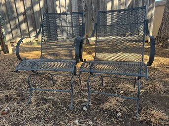 Two Outdoor Black Wrought Iron Rocking Patio Chairs