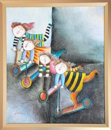 J Roybal Children On Scooters Multi Color Artwork Oil Painting