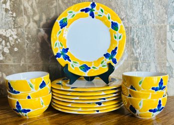 14 Pc Dansk St Tropez Handpainted Yellow And Blue Flower Plates And Bowls