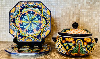 Mexican Talavera Serving Tureen With 2 Plates