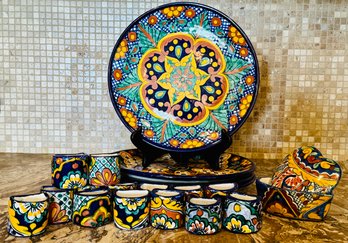 Lot Of Mexican Talavera Dinner Plates And Napkin Holders