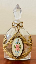 Vintage Perfume Bottle W/ Floral Enamel Gold Plated Bows, Tassels & Ribbons