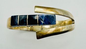 Vintage Hinged Sterling Silver And Lapis Lazuli Clamper Bracelet Handmade Piece From Taxco, Mexico