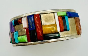 Stunning Sterling Silver Cuff Bracelet Multi-stone 'cobblestone' Design Signed LR Hawaii