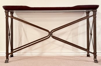 Recgency Style Console Table With Leather And Nail Head Trim And Glass Top