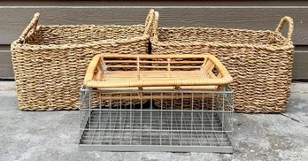 Pair Of Woven Baskets With Metal Wire Basket