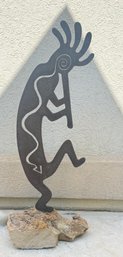 Kokopelli Metal Sculpture Mounted On Stone Base