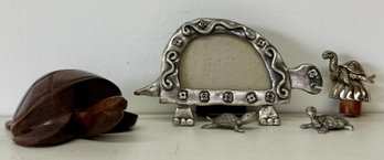 Silver-tone Metal Turtle-shaped Picture Frame And Wood/pewter Figurines