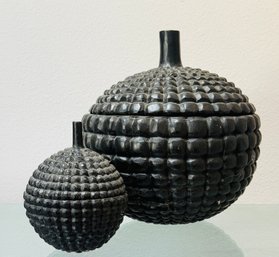 Pair Of Black Spherical Acorn Style Bowls With Lids