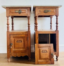 French Bedside Tables In Carved Oak With Marble Top, Set Of 2