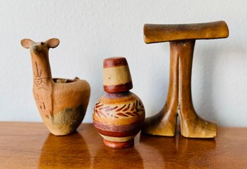 2 Mexican Pottery Items And Wood African Head Rest