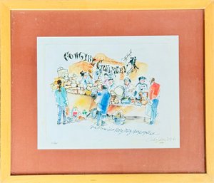 Hand-colored Etching Titled 'San Francisco Ferry Bldg Marketplace' By The Artist William Papas