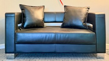 Modern Black Faux-leather Loveseat Low-back Cutout Armrests And Metallic Legs