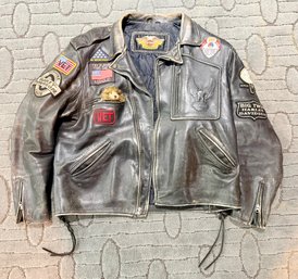 Vintage Harley Davidson Distressed Leather Motorcycle Jacket With Various Military, And Novelty Patches