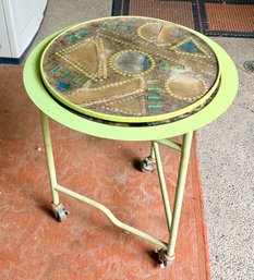 Inlaid Geometric Mosaic Top Table With Mixed Glass And Stone Tiles Round Accent Table
