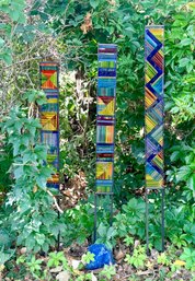 Three Colorful, Tall Stained Glass And Fused Glass Garden Stakes Mounted On Metal Stands