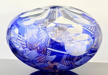 Blue Blown, Etched, And Polished Art Glass Vessel From The Z-Axis Series (Z.A.O.F.) By David Schwarz