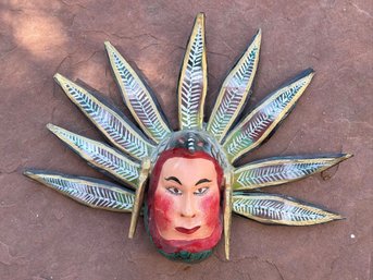 Traditional Hand-carved And Painted Wooden Celestial Mask Plaque, Characteristic Of Mexican Folk Art