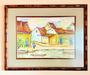 Print Of Colorful Watercolor Painting Depicting A Riverside Village Scene, Signed