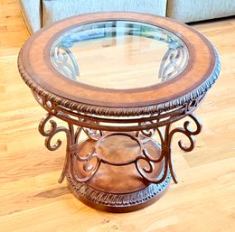 Ornate Round End Table With Inset Glass Top And Ornate Scrolled Metal Legs