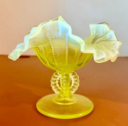 Vintage Yellow Vaseline Opalescent Glass Ruffled Pedestal Compote
