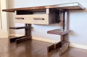 Custom Made Contrast Wood Tone Abstract Console Table
