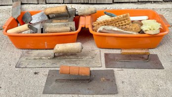 Masonry & Plastering Tools Lot W Trowels Floats & Brushes