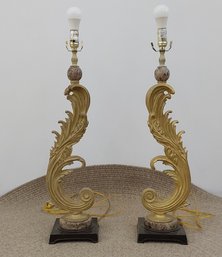 Pair Of 29' Stylized Gold Feather Lamps On A Block Base