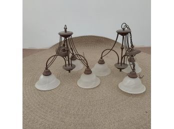 2 Sets Of 3 Matching Light Hanging Fixtures Reproductions. Working When Taken Down