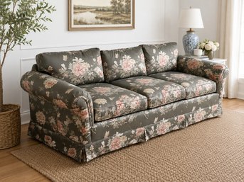 Drexel Vintage Traditional Floral Upholstered Sofa - Slate Grey & Peony Pink