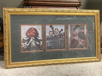 Framed Botanical Floral Triptych Print – Ornate Gold-Tone Frame With Green Matting