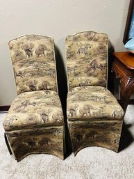 Pair Of Vintage Safari Tapestry Upholstered Skirted Accent Chairs