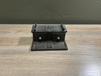 Vintage Ornate Embossed Metal Double Inkwell Desk Stand
