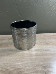Metallic Silver Textured Cylindrical Ceramic Vessel