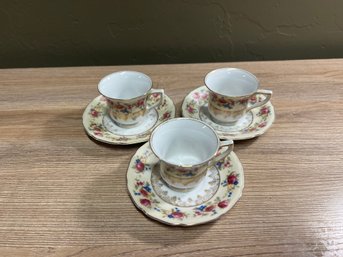Vintage Goldcastle Japan Floral & Gold Gilt Porcelain Demitasse Teacup & Saucer Sets - Trio (3 Sets)