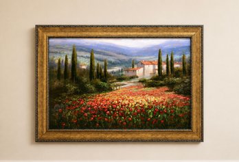 Framed Tuscan Landscape Print – Poppy Field, Cypress Trees & Villa Scene