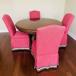 Round Carved Wood Pedestal Dining Table And 4 Upholstered Skirted Chairs Set