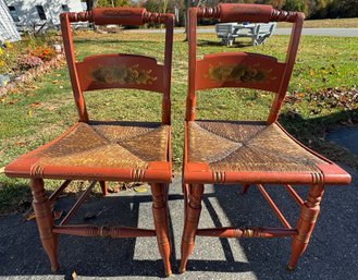 Pair Of Two Wooden Hitchcock-Style Rush Dining Chairs